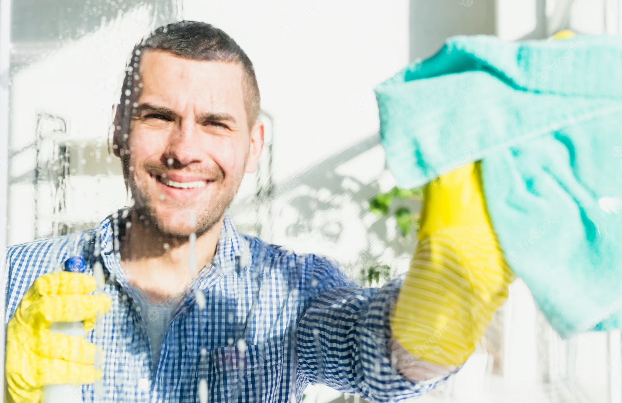 تمیز کردن پنجره - مرد با دستمال